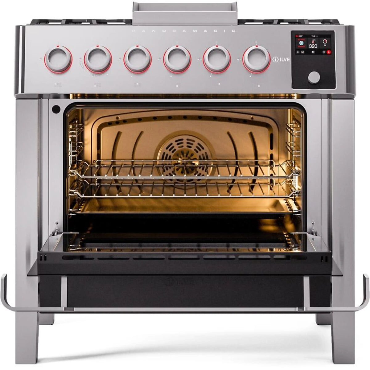 Stainless steel oven door open, showing interior rack and oven lighting