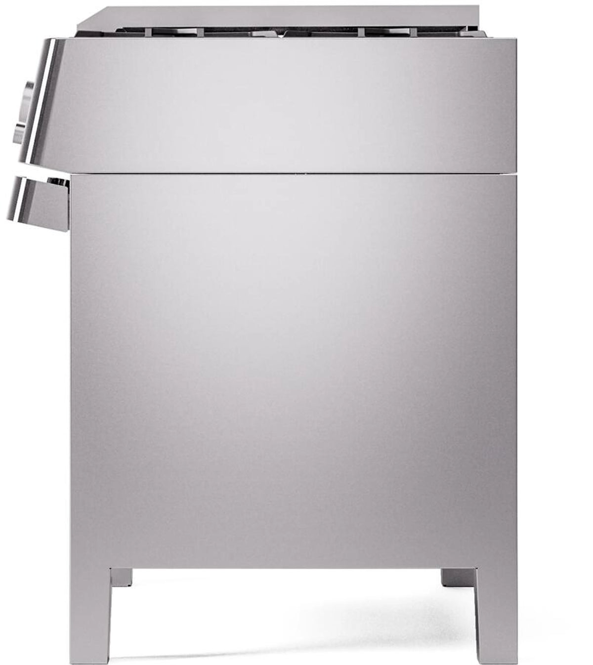 Stainless steel freestanding gas range with side handle and top control panel