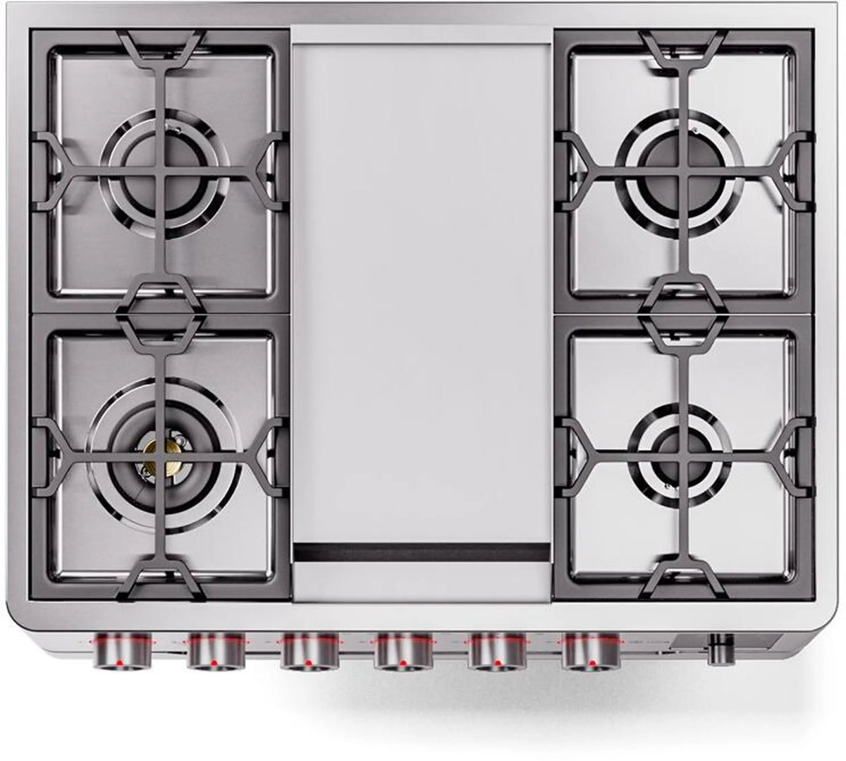 Stainless steel cooktop section with four gas burner grates and centered control knobs