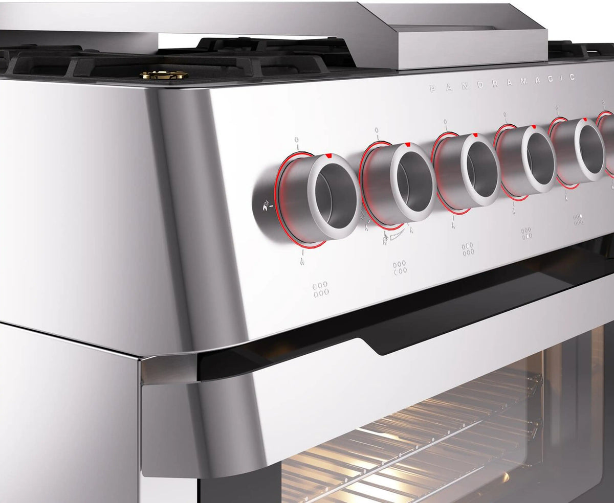 Stainless steel control panel with panoramic oven controls and red-ring control knobs