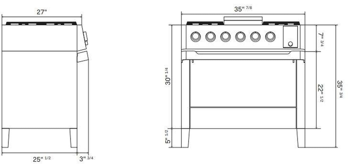 Stainless steel range dimensions diagram with front and side measurements