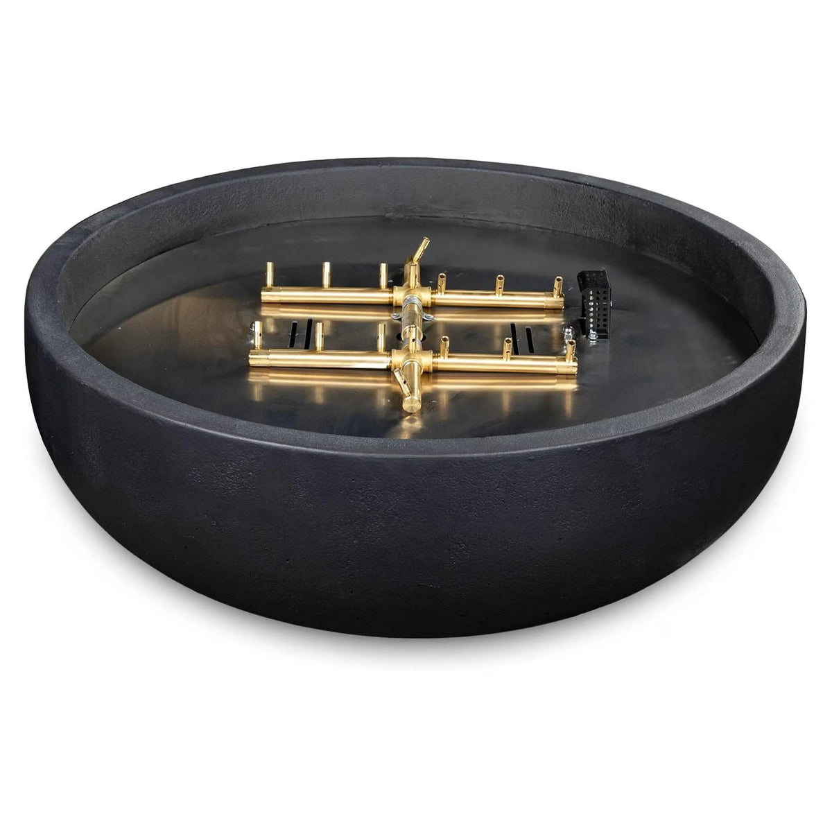 Round black concrete propane fire bowl with brass burner assembly and controls