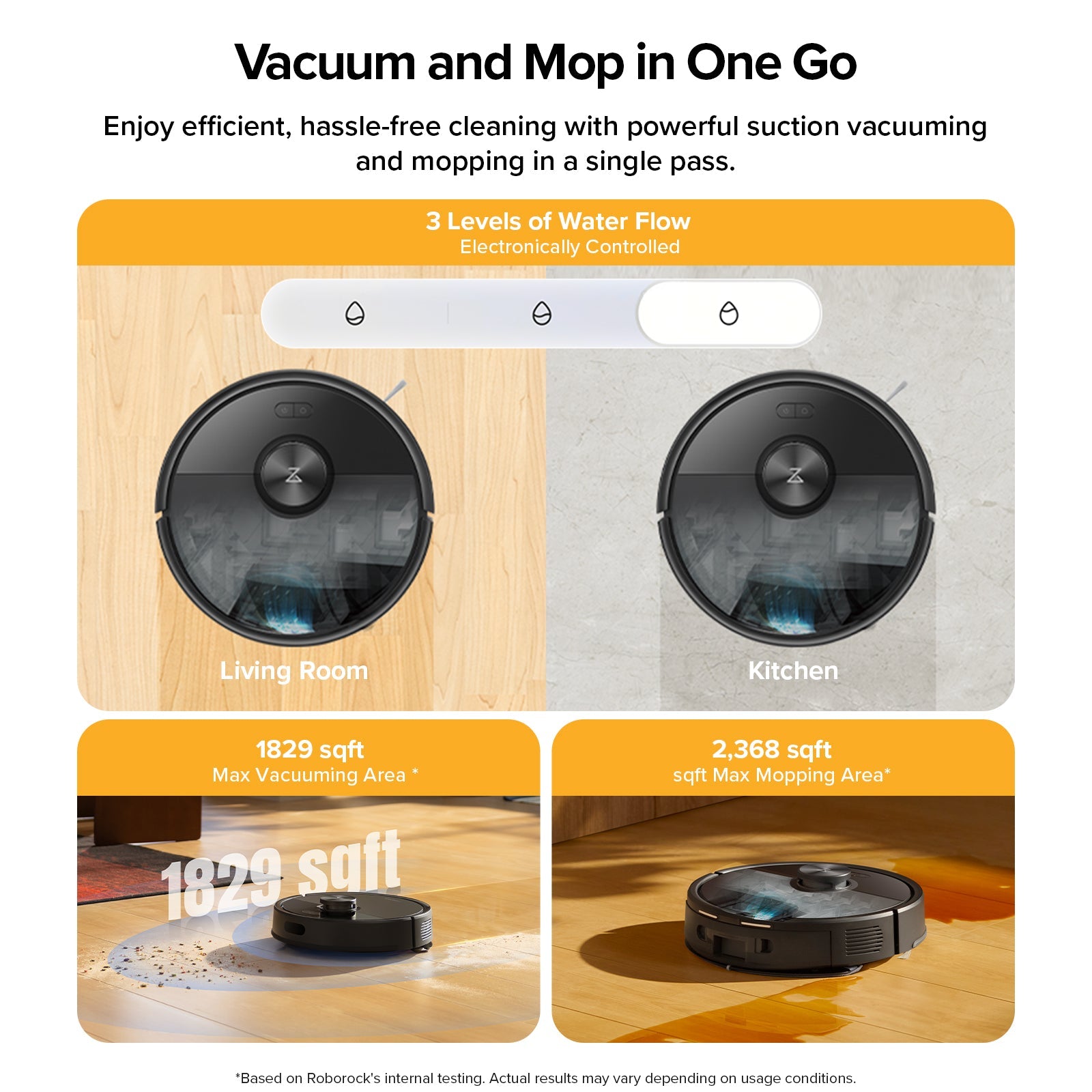 Black robot vacuum and mop with dual round cleaning heads on a floor