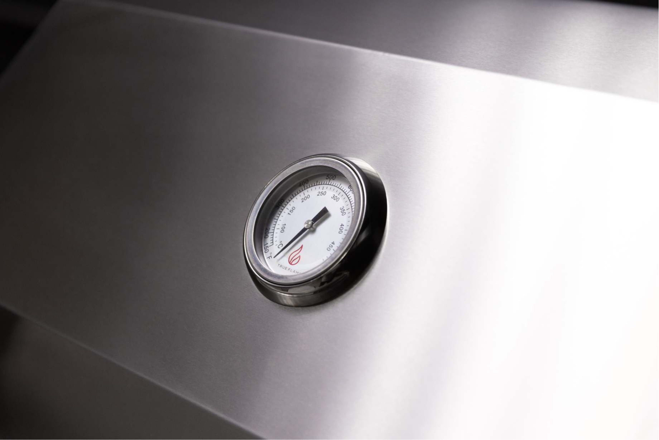 Stainless built-in propane gas grill temperature gauge on control panel
