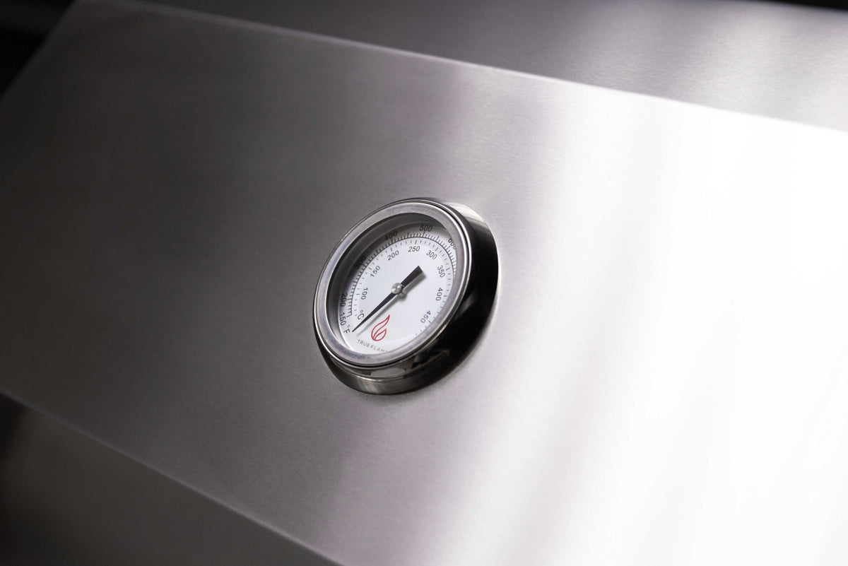Stainless steel built-in natural gas grill control gauge on front panel