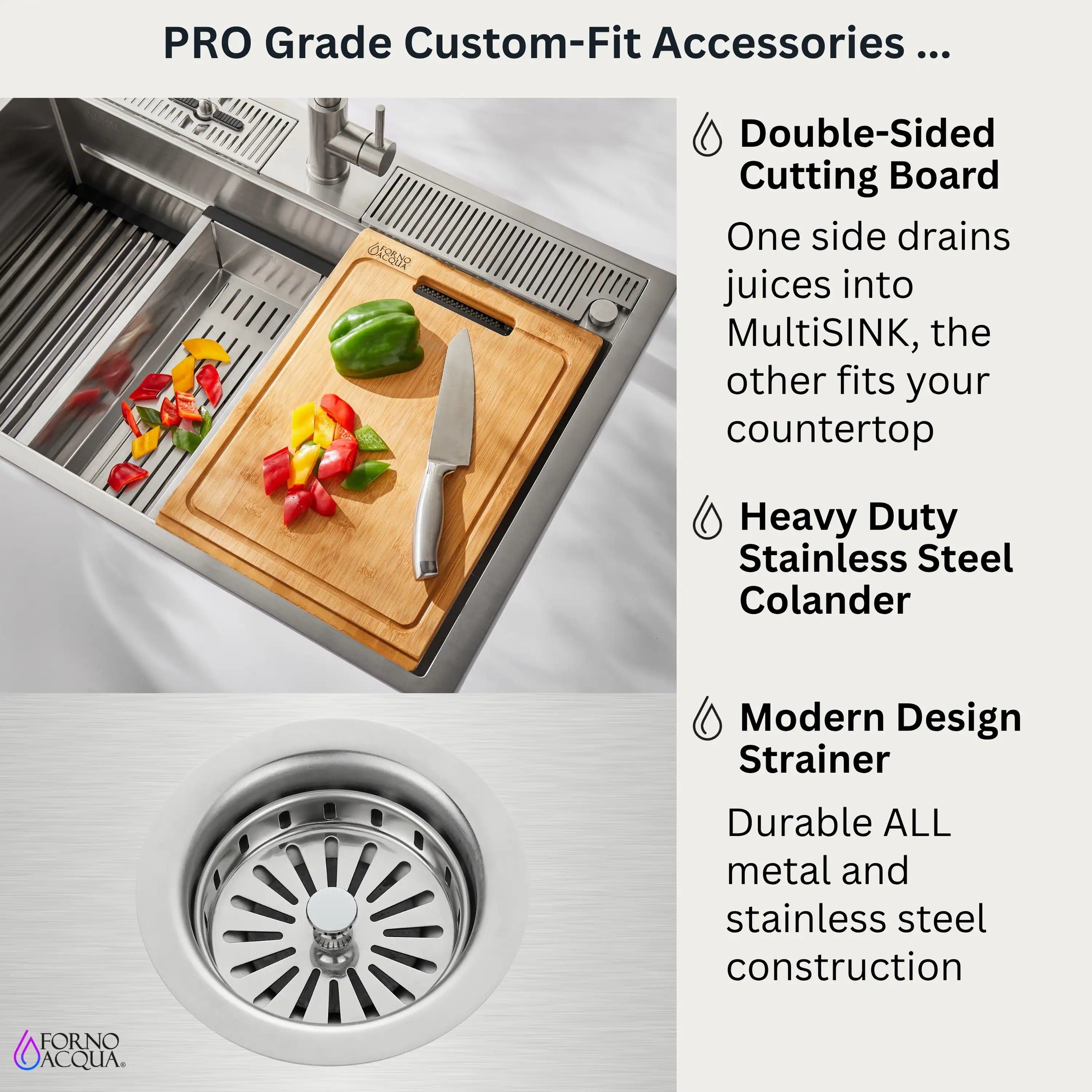 Stainless steel sink with accessories: cutting board, stainless colander, and strainer