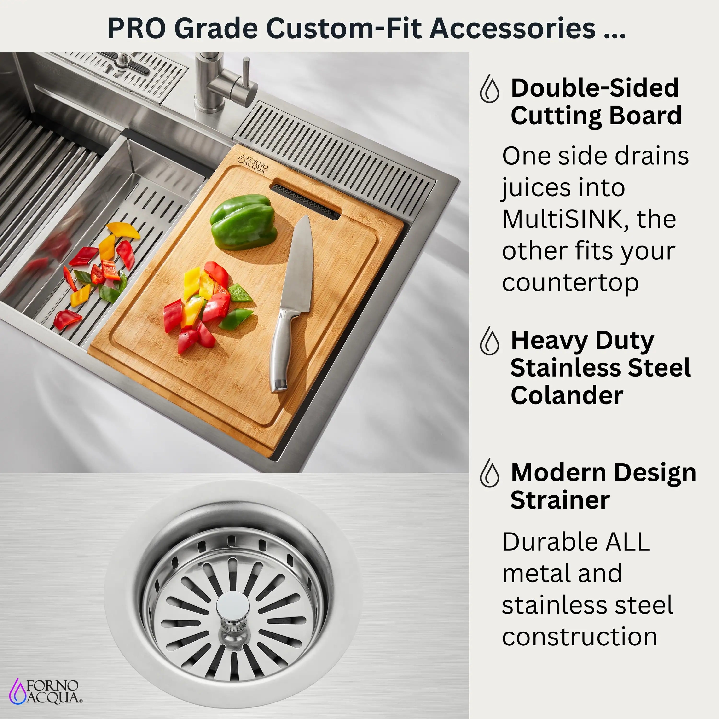 Stainless steel sink accessories: cutting board, colander, and modern strainer
