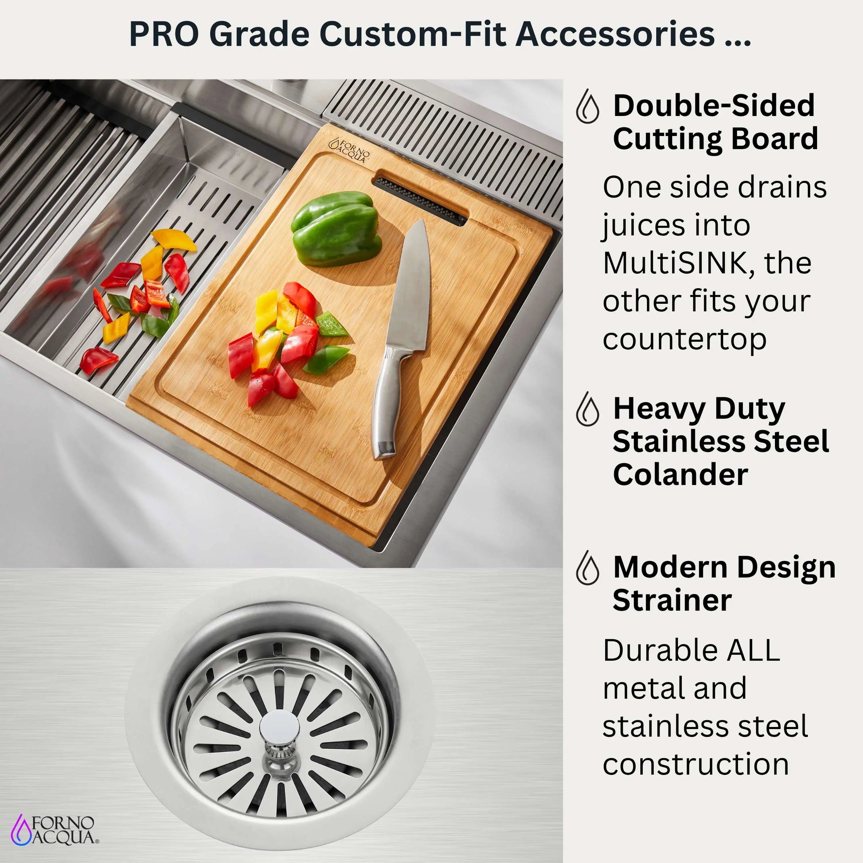Stainless steel sink with custom-fit accessories: cutting board and round drain strainer