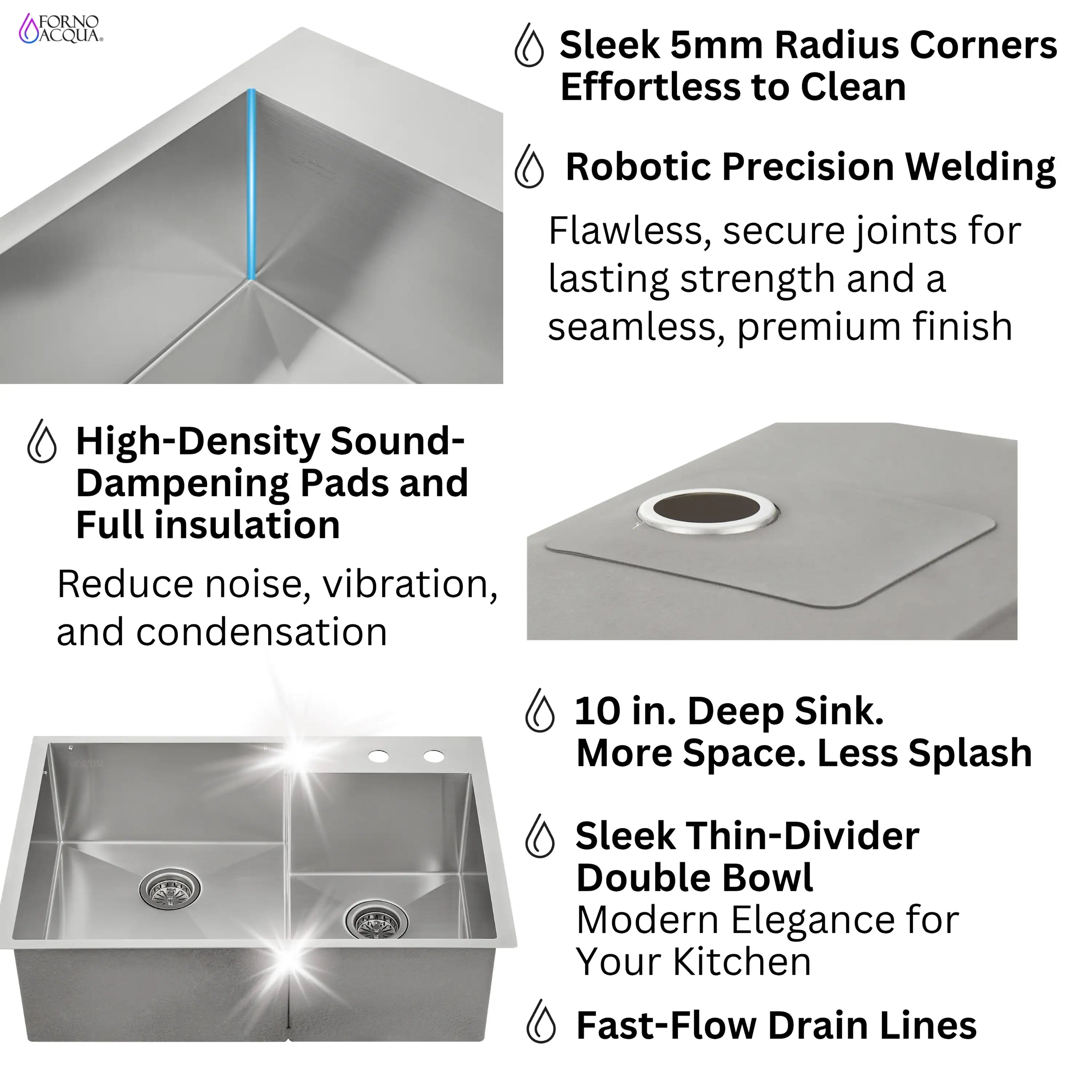 Stainless steel double-bowl sink with 10-in deep bowls and sound-dampening pads