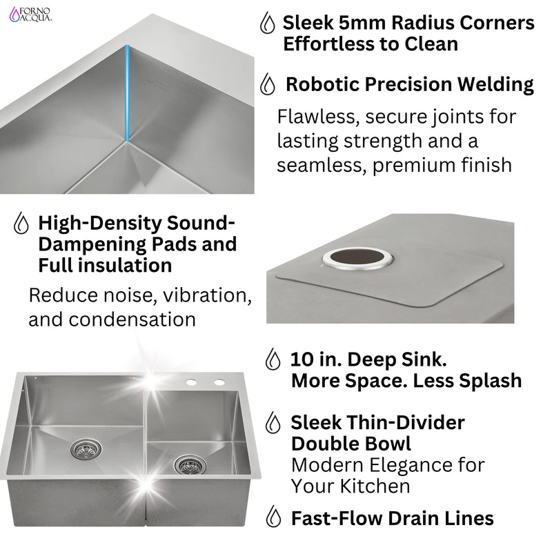Forno Acqua 33-Inch Drop-In/Undermount 40/60 Double Bowl Stainless Steel Sink with Waterfall Faucet (H-XN30)