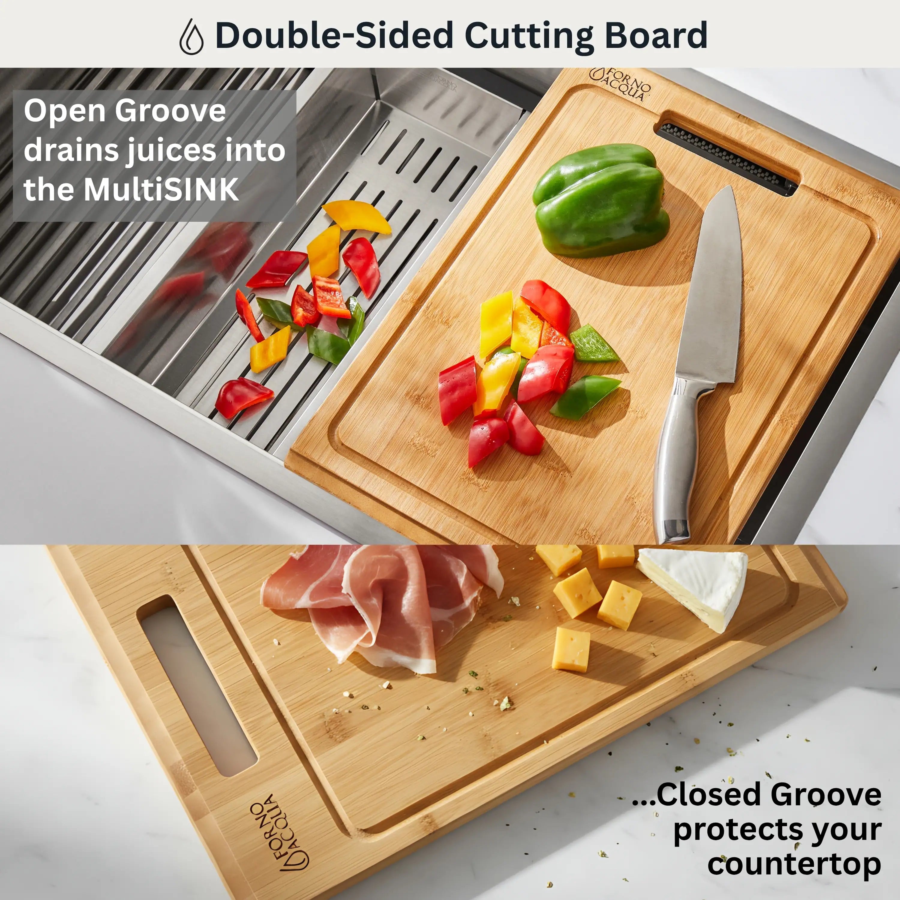 Stainless multi-sink with double-sided cutting board insert and colander
