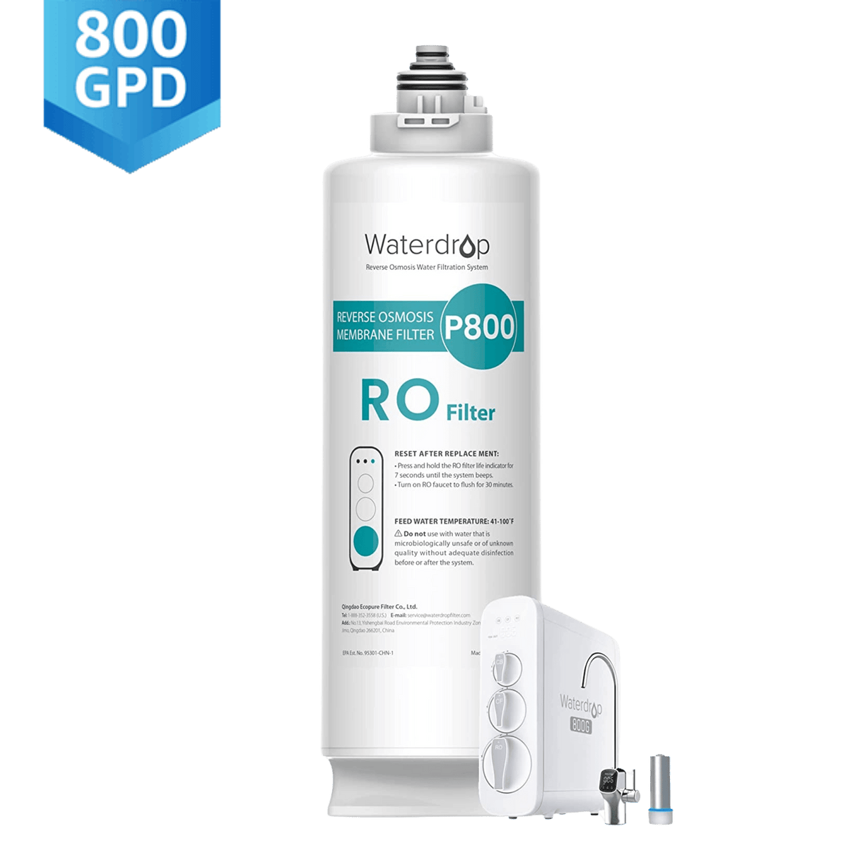 Waterdrop RO filter replacement kit with cartridge, adapters, and 800 GPD label