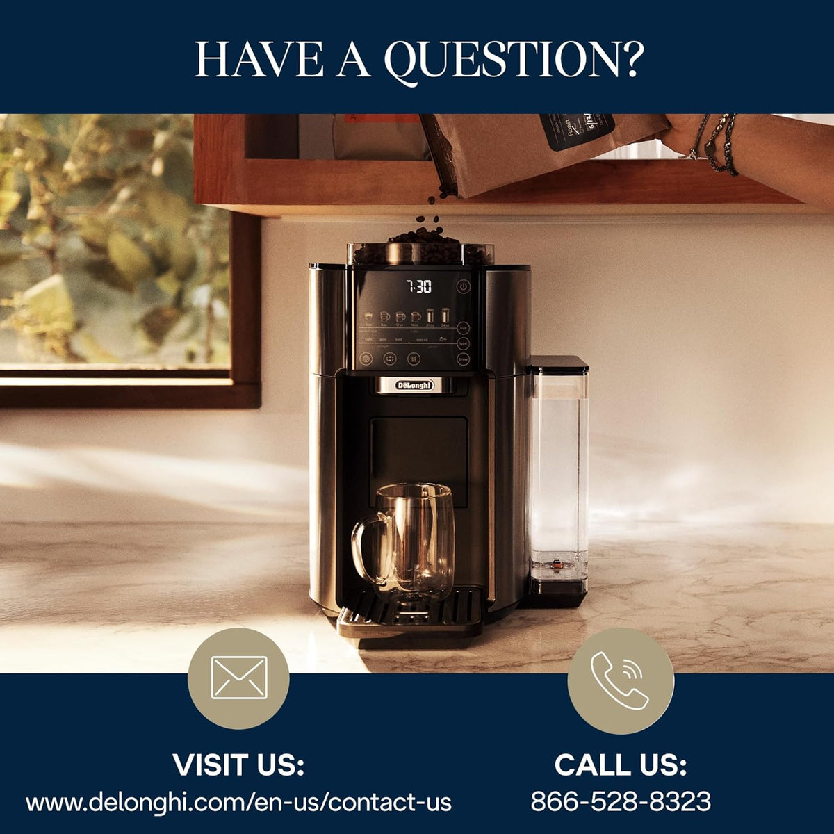 De'Longhi automatic coffee maker on countertop with bean hopper and carafe