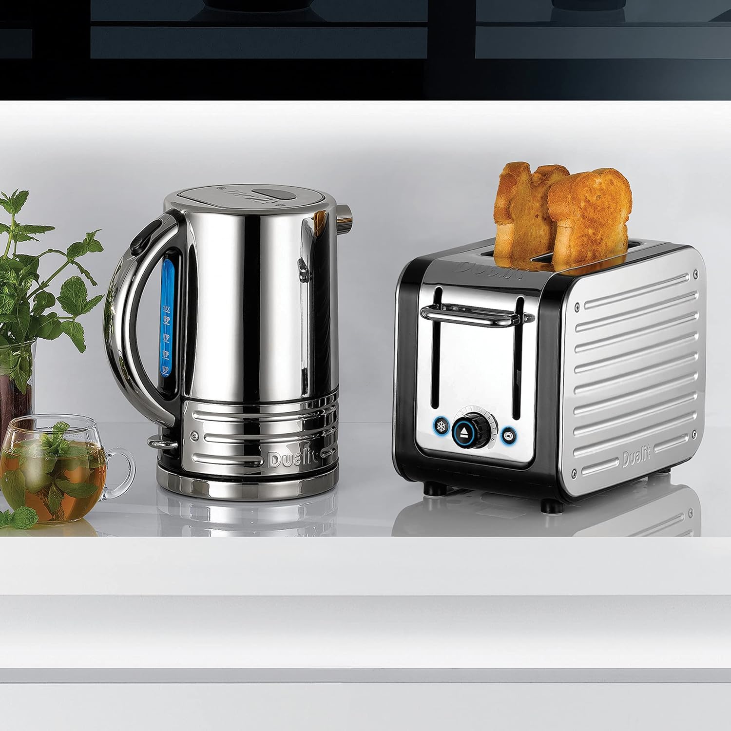 Dualit 2-slice toaster in chrome and black with toast in the slots