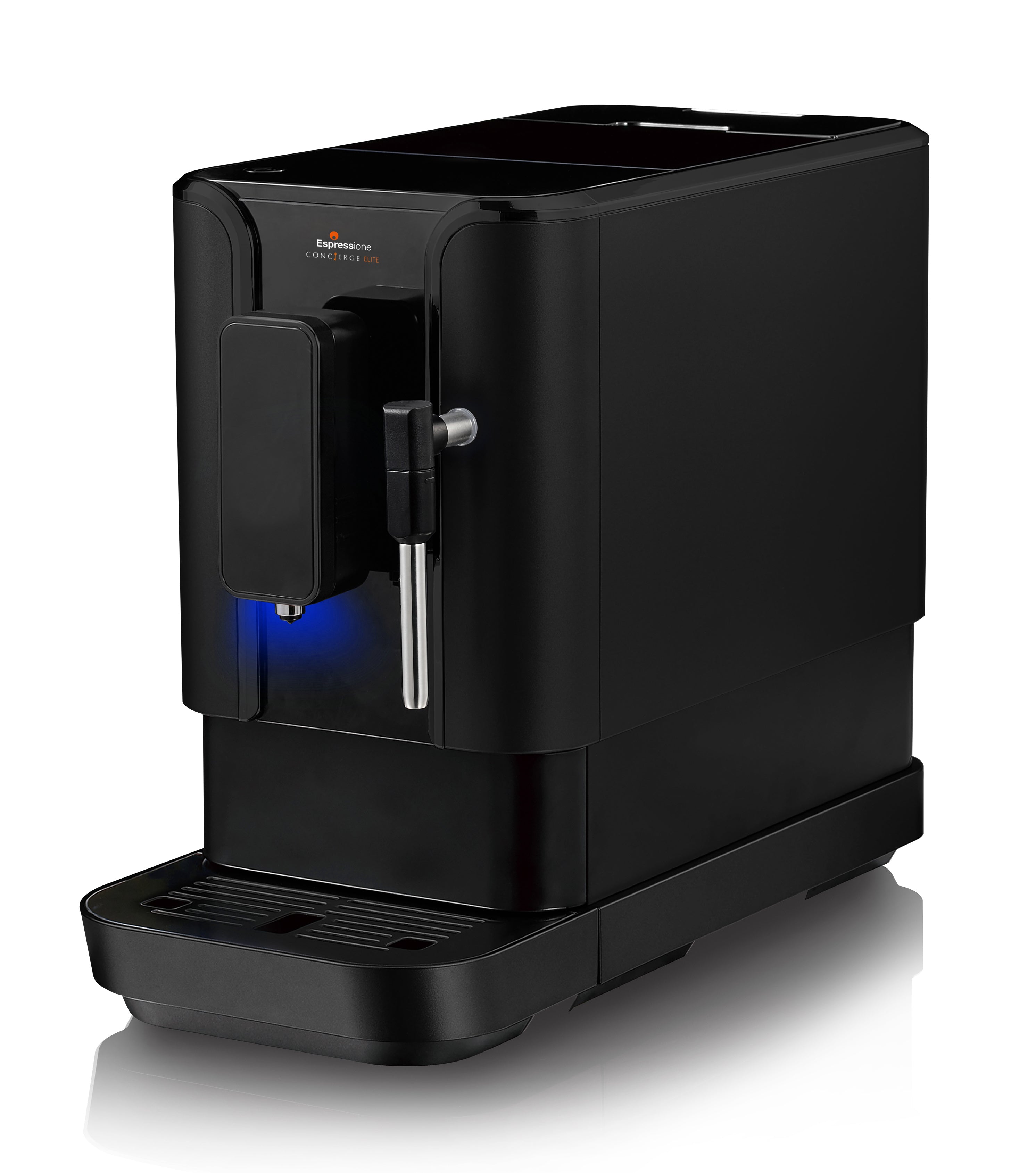 Black bean-to-cup espresso machine with drip tray and dispensing lever