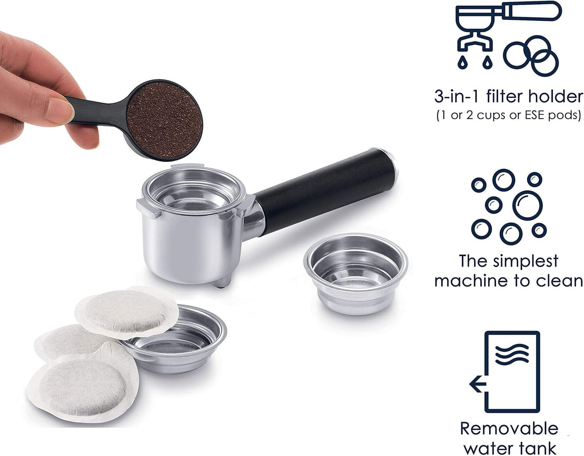 De'Longhi 3-in-1 filter holder kit with dosing scoop and removable inserts