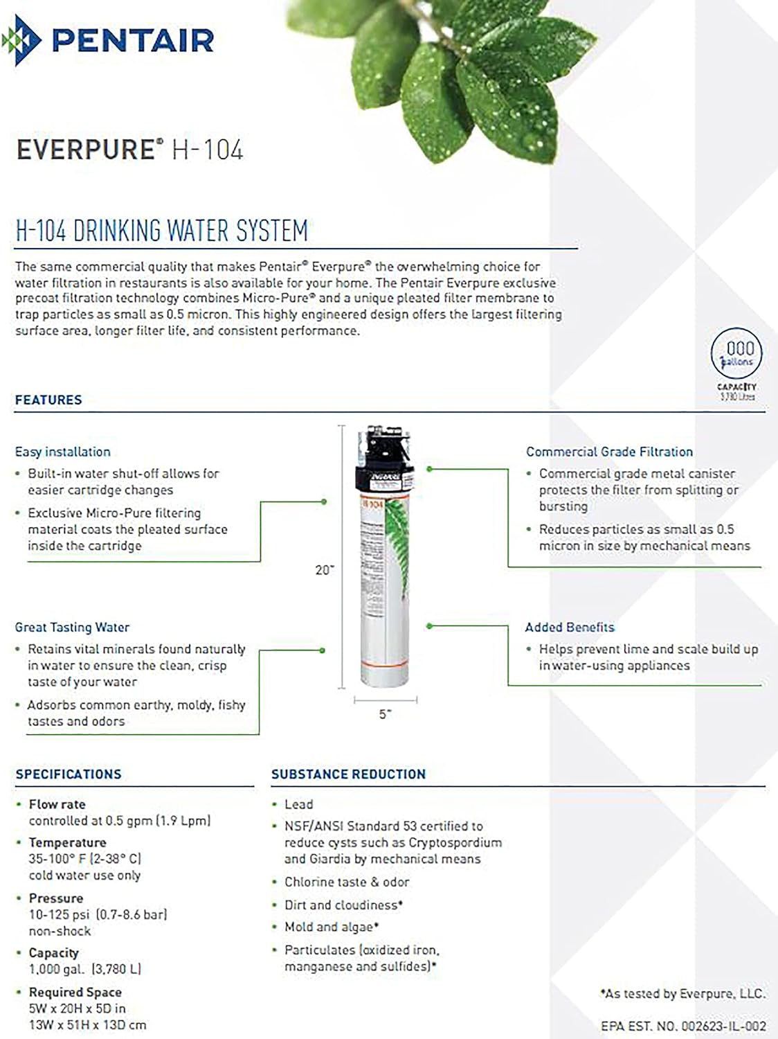 Everpure H-104 drinking water system filter cartridge with specifications panel
