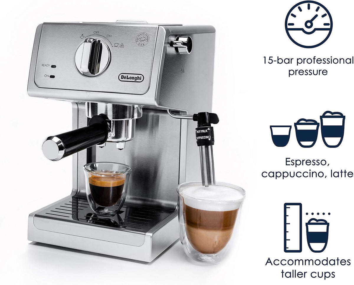 De'Longhi stainless 15-bar espresso machine with brewing spouts and two beverages