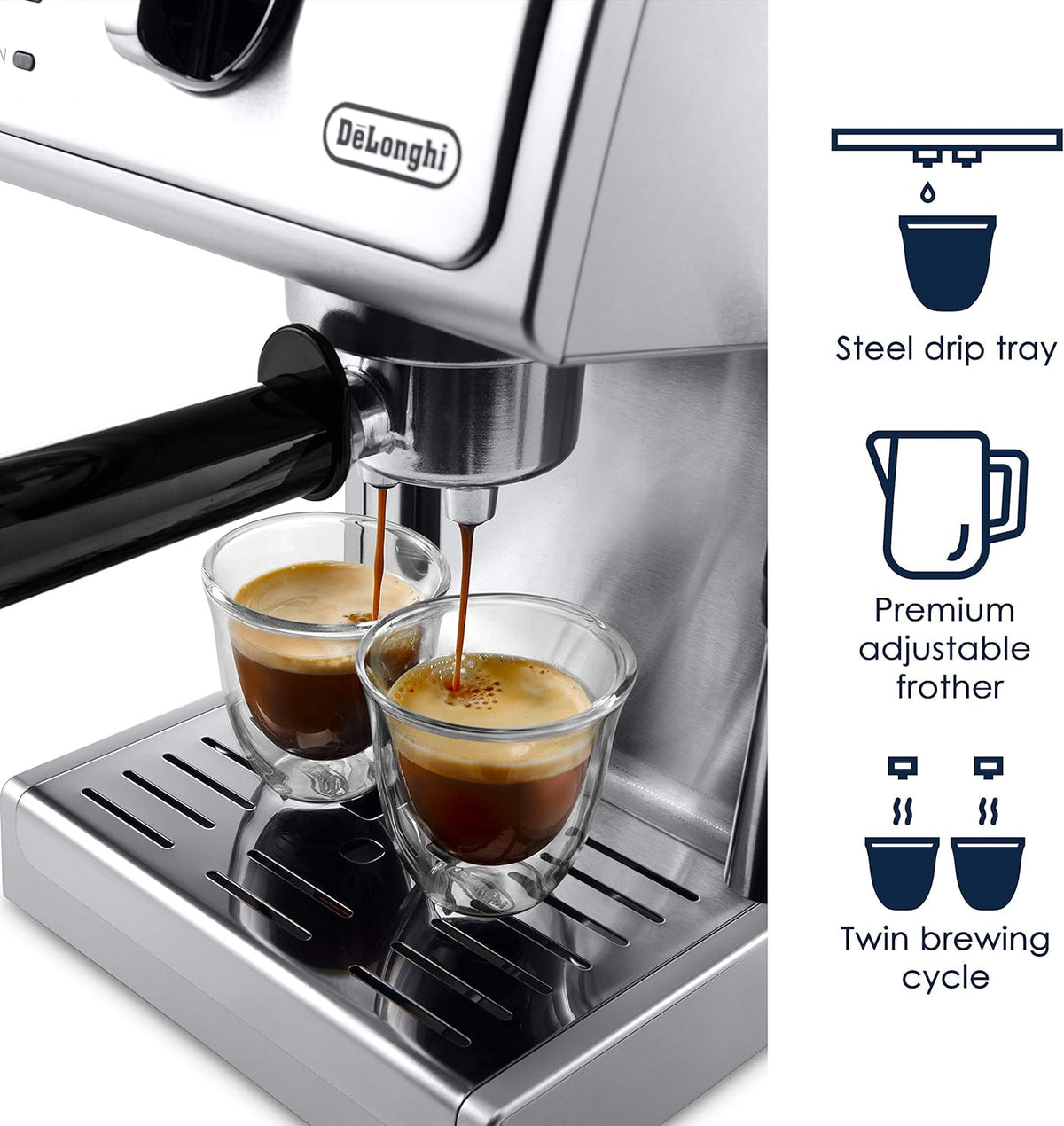 De'Longhi twin brewing cycle showing espresso stream into two clear cups