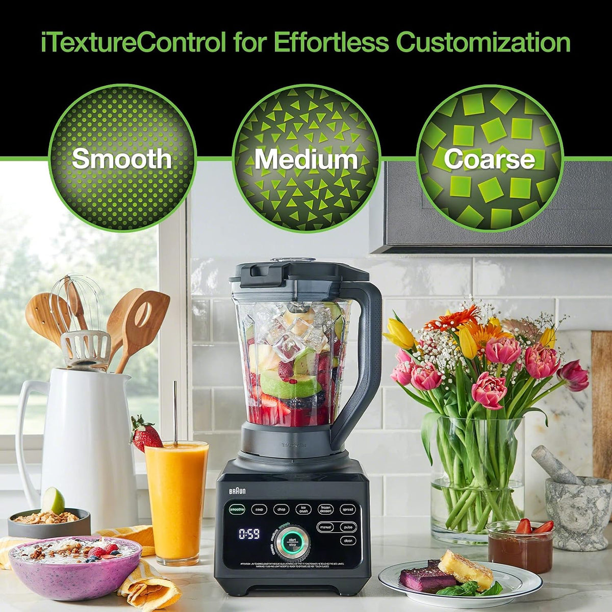Braun blender jar with colorful ingredients and black base control panel visible