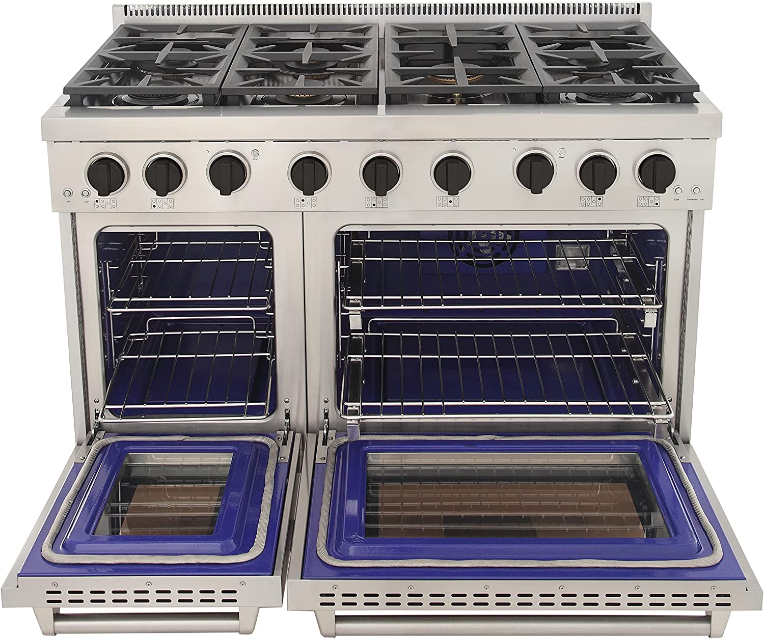 Stainless steel range with two open ovens, racks inside, and black control knobs
