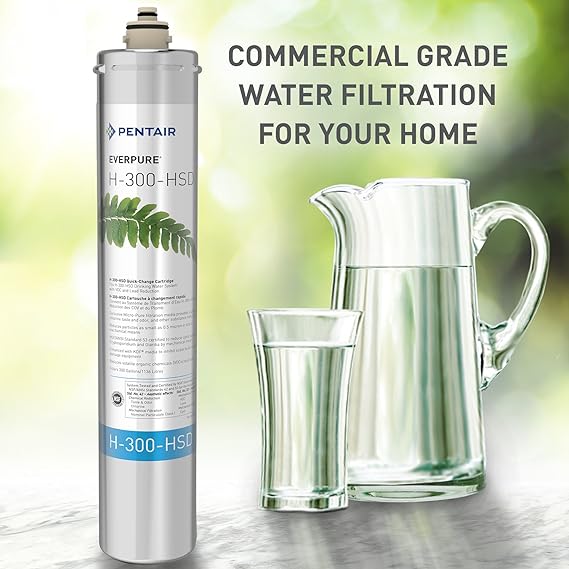 H-300-HSD drinking water filter cartridge next to glass pitcher and cup