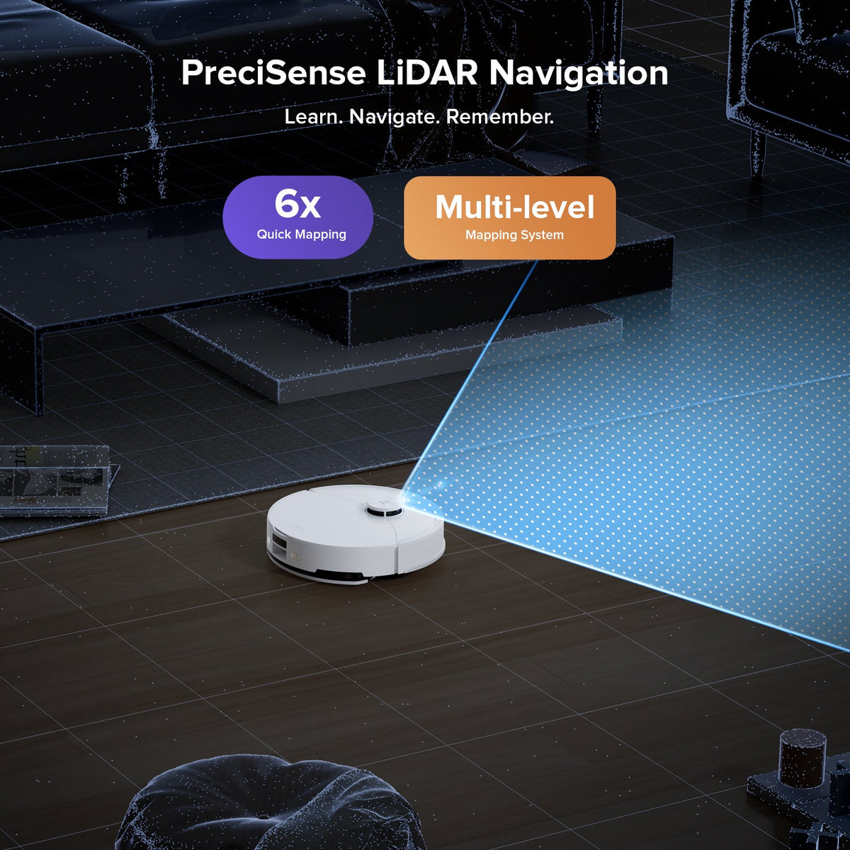 White robot vacuum navigating across dark tile floor with mapping grid overlay.