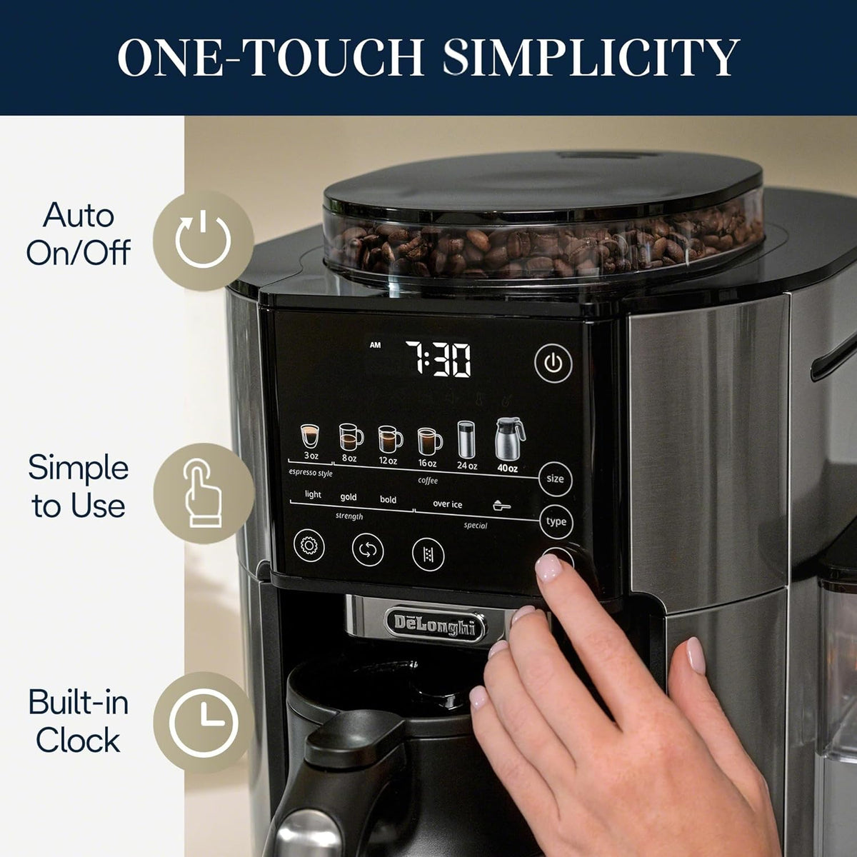 Stainless De'Longhi bean-to-cup coffee maker with touch panel and display