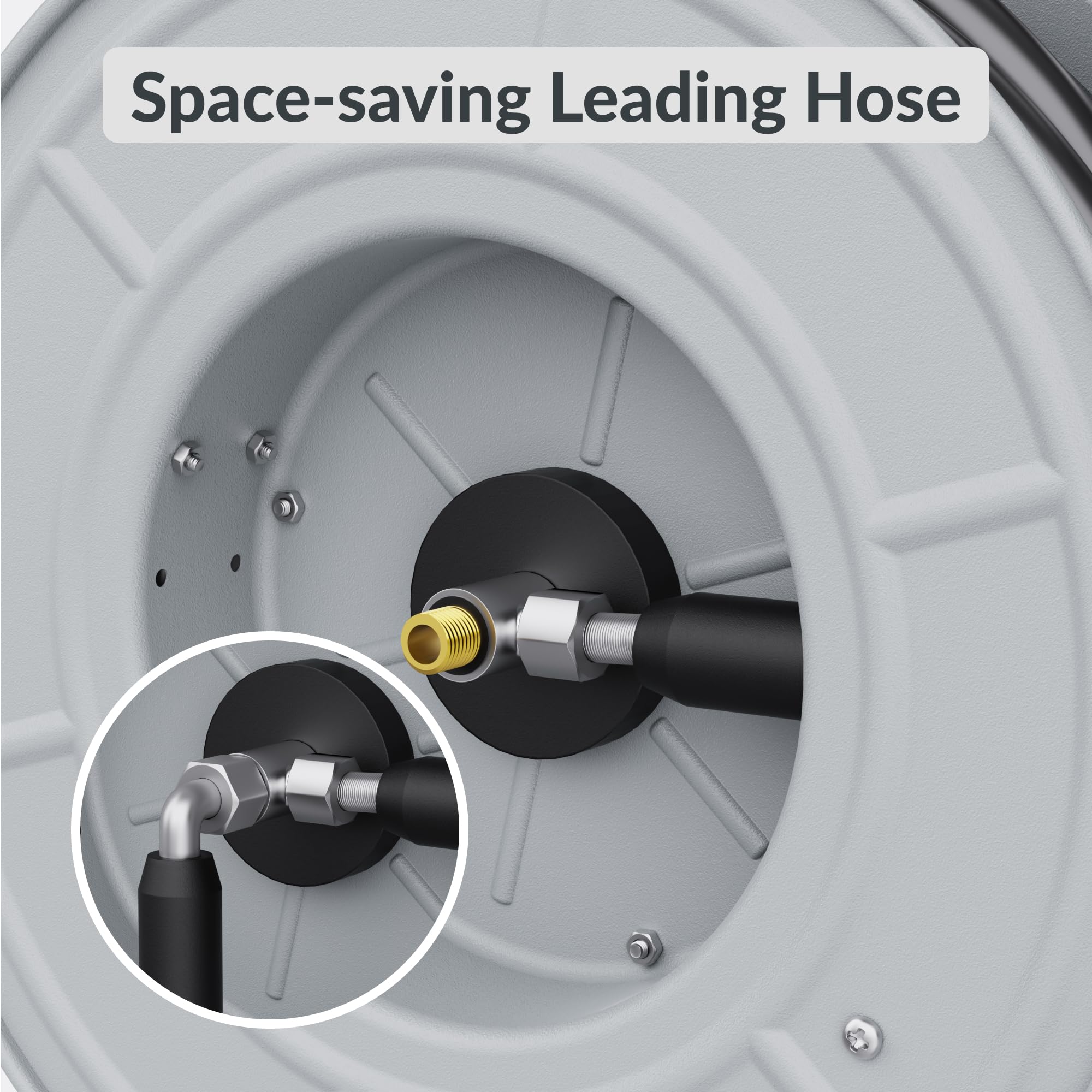 Retractable hose reel with leading hose connection inside drum, brass and black fittings