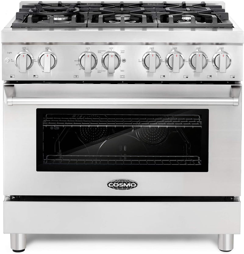 Cosmo 4-Piece Appliance Package - 36-Inch Dual Fuel Range, Wall Mount Range Hood, Dishwasher and Refrigerator in Stainless Steel (COS-4PKG-022)