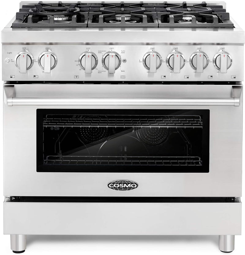 Cosmo 4-Piece Appliance Package - 36-Inch Dual Fuel Range, Under Cabinet Range Hood, Dishwasher and Refrigerator (COS-4PKG-149)