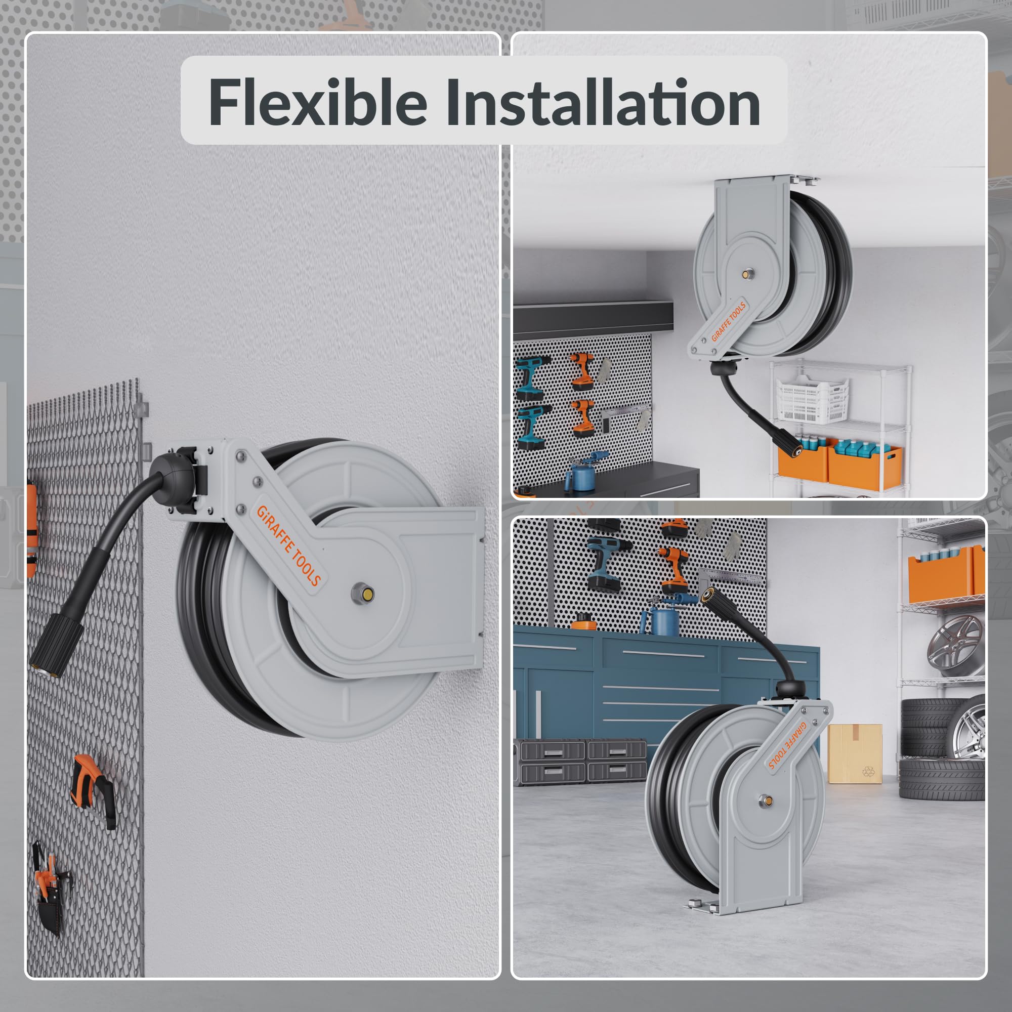 Wall-mounted retractable pressure hose reel with coiled hose and wall bracket