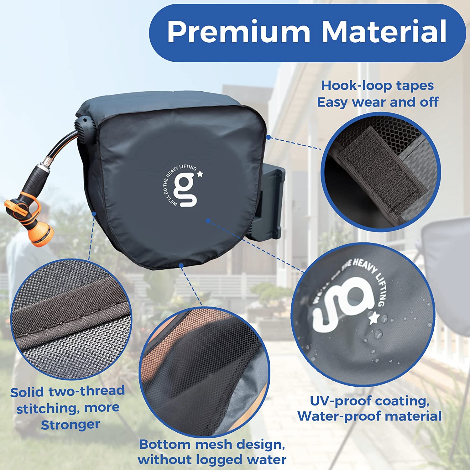 Dark gray hose reel cover with stitched seams and mesh base detail