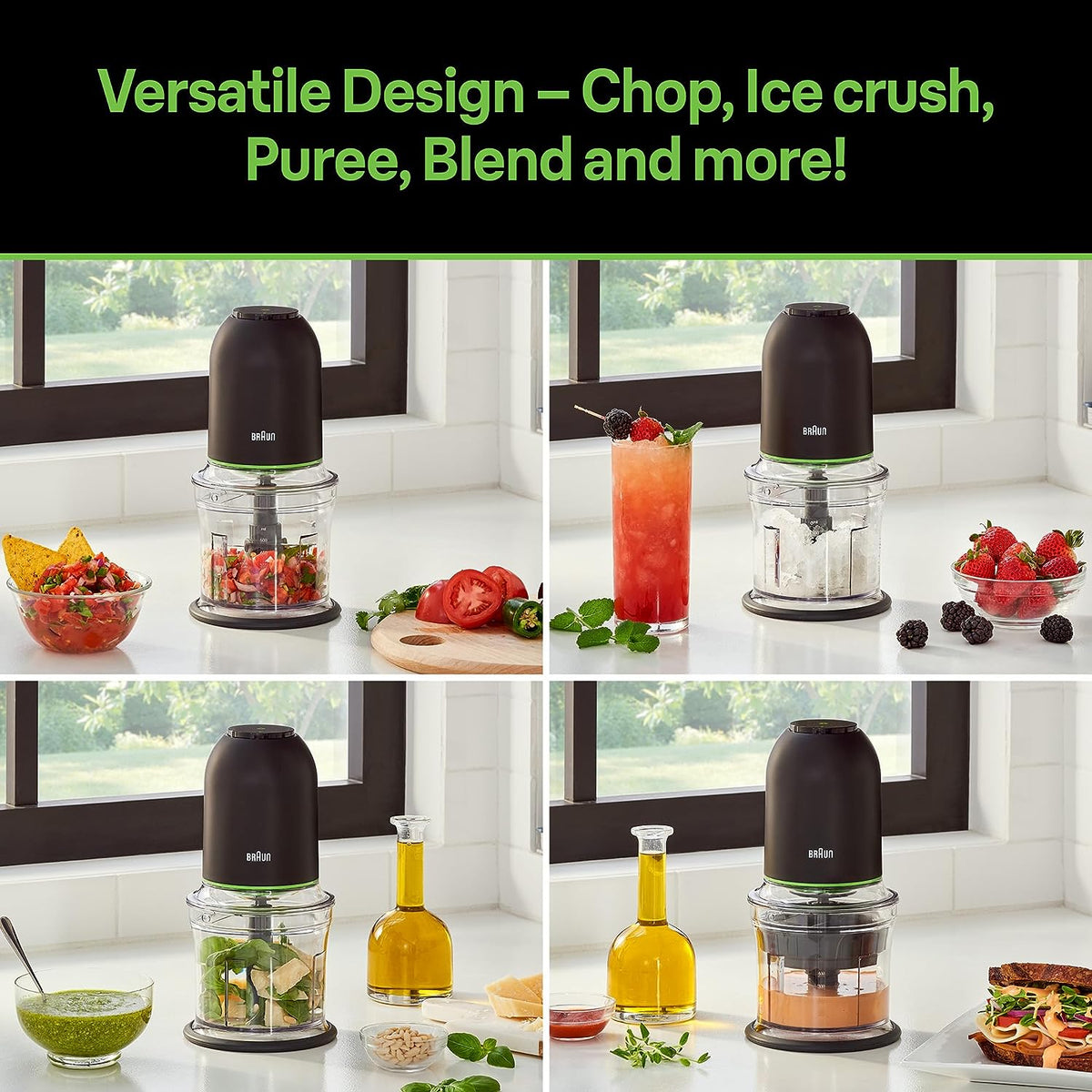 Black mini food chopper with clear jar, staged with ingredients for chopping and blending