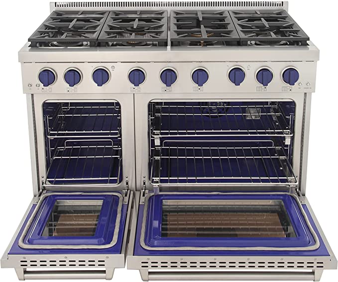 Open stainless steel propane gas range showing two ovens with blue trim and racks