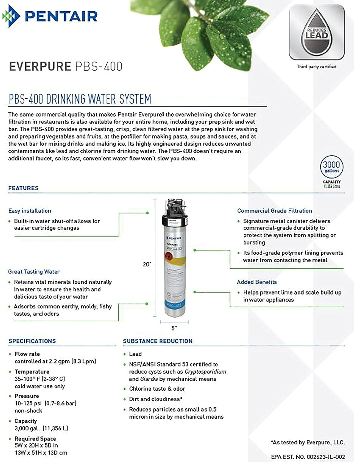 Everpure PBS-400 cartridge informational label with diagrams and specifications