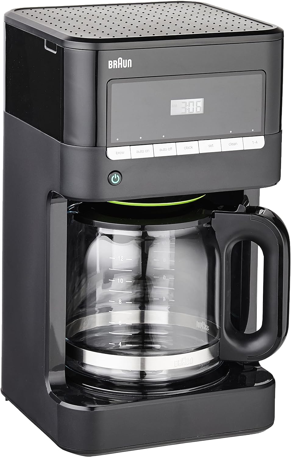 Black Braun 12-cup drip coffee maker top view showing perforated lid and carafe