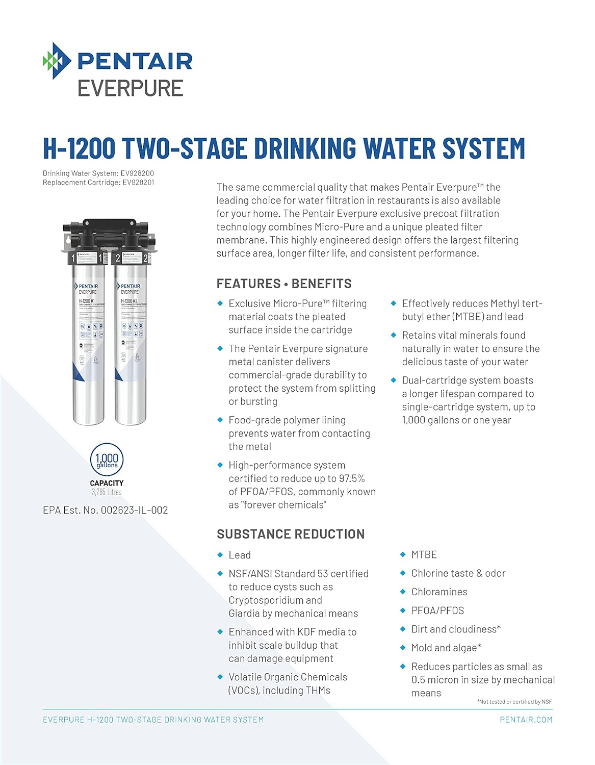Pentair Everpure H-1200 two-stage drinking water system brochure and system diagram