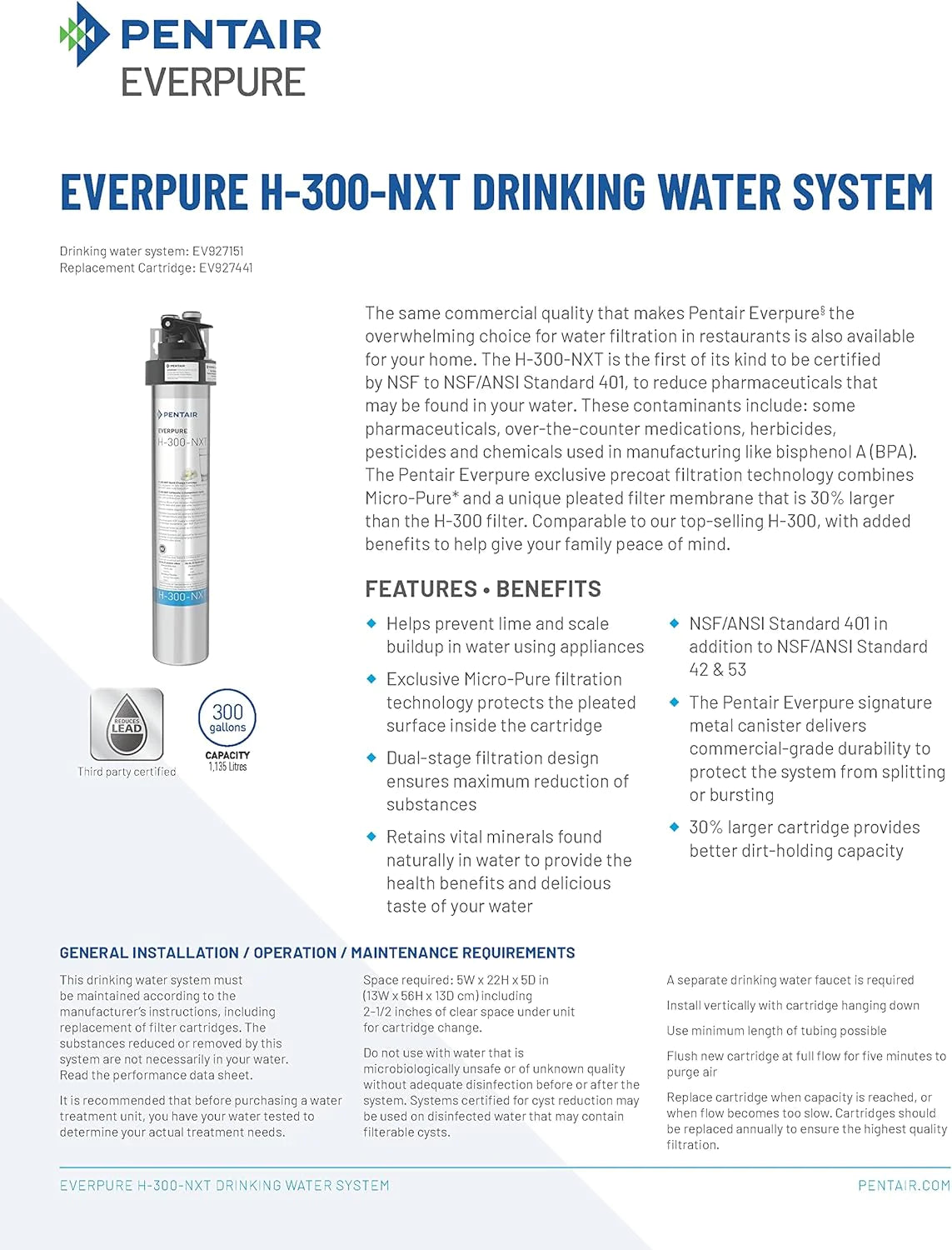 Everpure H-300-NXT drinking water system information sheet with small cartridge graphic