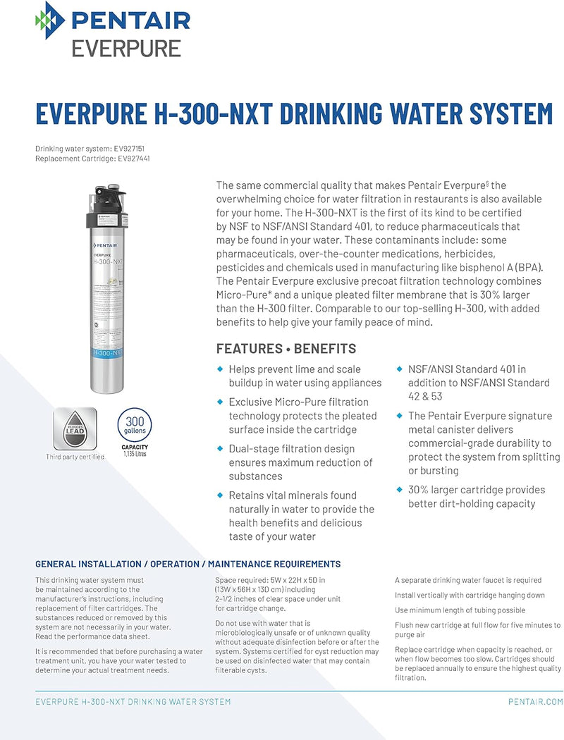 Pentair Everpure H-300-NXT Quick-Change Filter Cartridge, For Use in Everpure H-300 Drinking Water Systems, 300 Gallon Capacity, 0.5 Micron (EV927441)