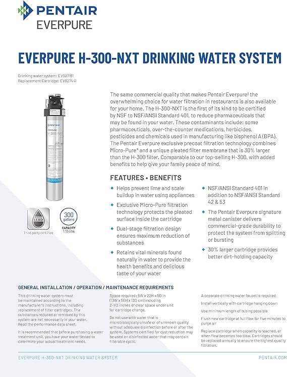 Product information page for Pentair Everpure H-300-NXT drinking water system