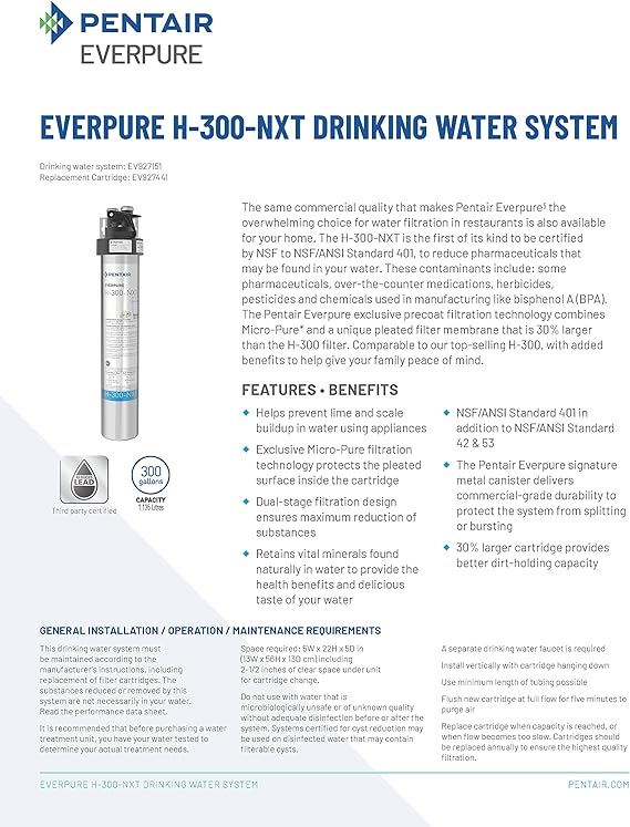 Pentair Everpure H-300-NXT Drinking Water System, 300 Gallon Capacity, Reduces Chlorine Taste & Odor, Lead, VOCs, Sediment, NSF Certified, Made in USA (EV927151)