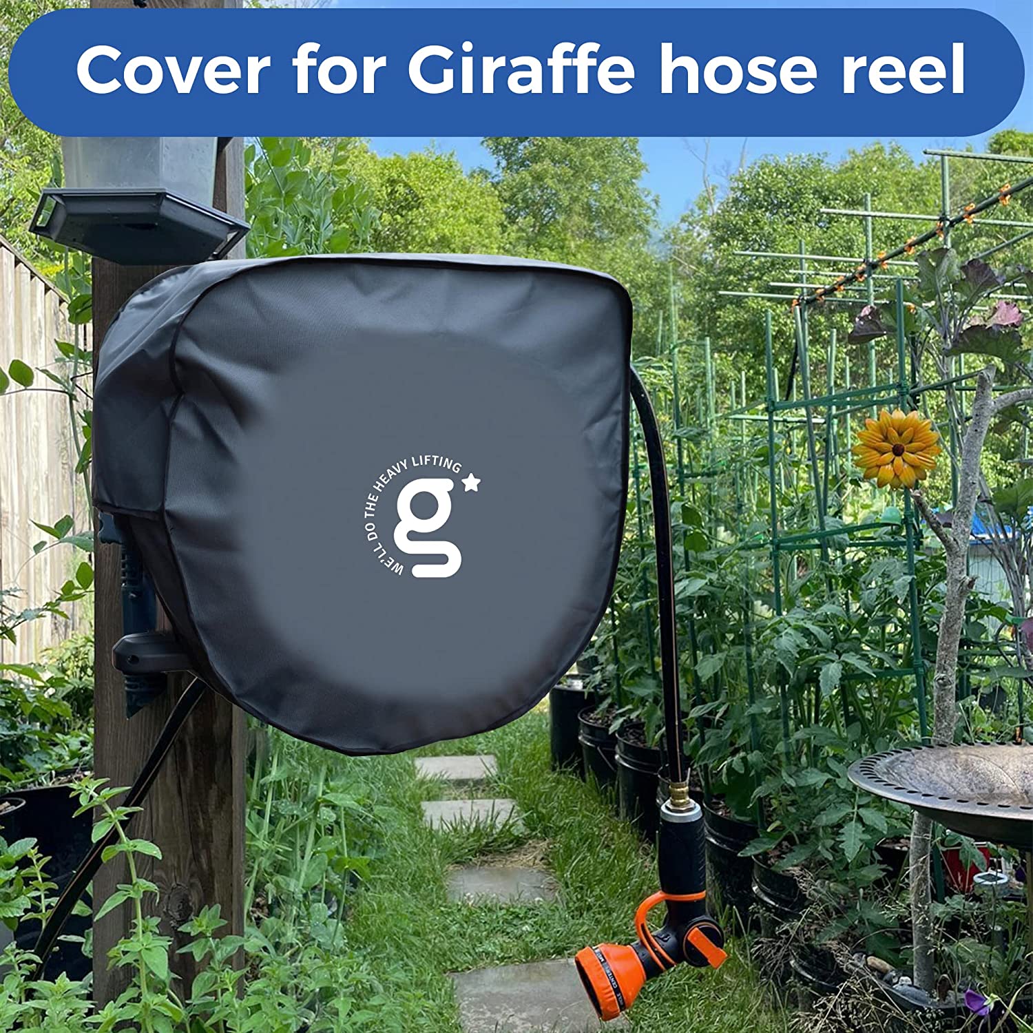 Installed dark gray hose reel cover on outdoor reel with attached hose