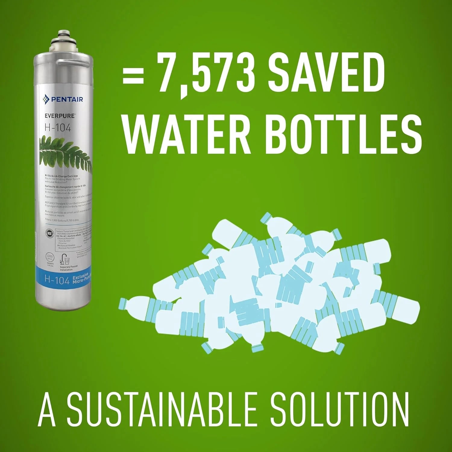 Everpure H-104 drinking water system filter cartridge with sustainability savings graphic