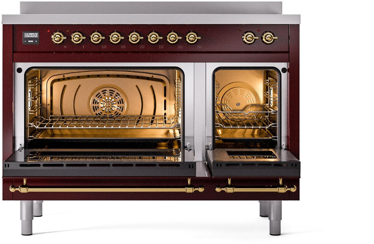 Freestanding electric induction range with both oven doors open, showing racks and interior heat