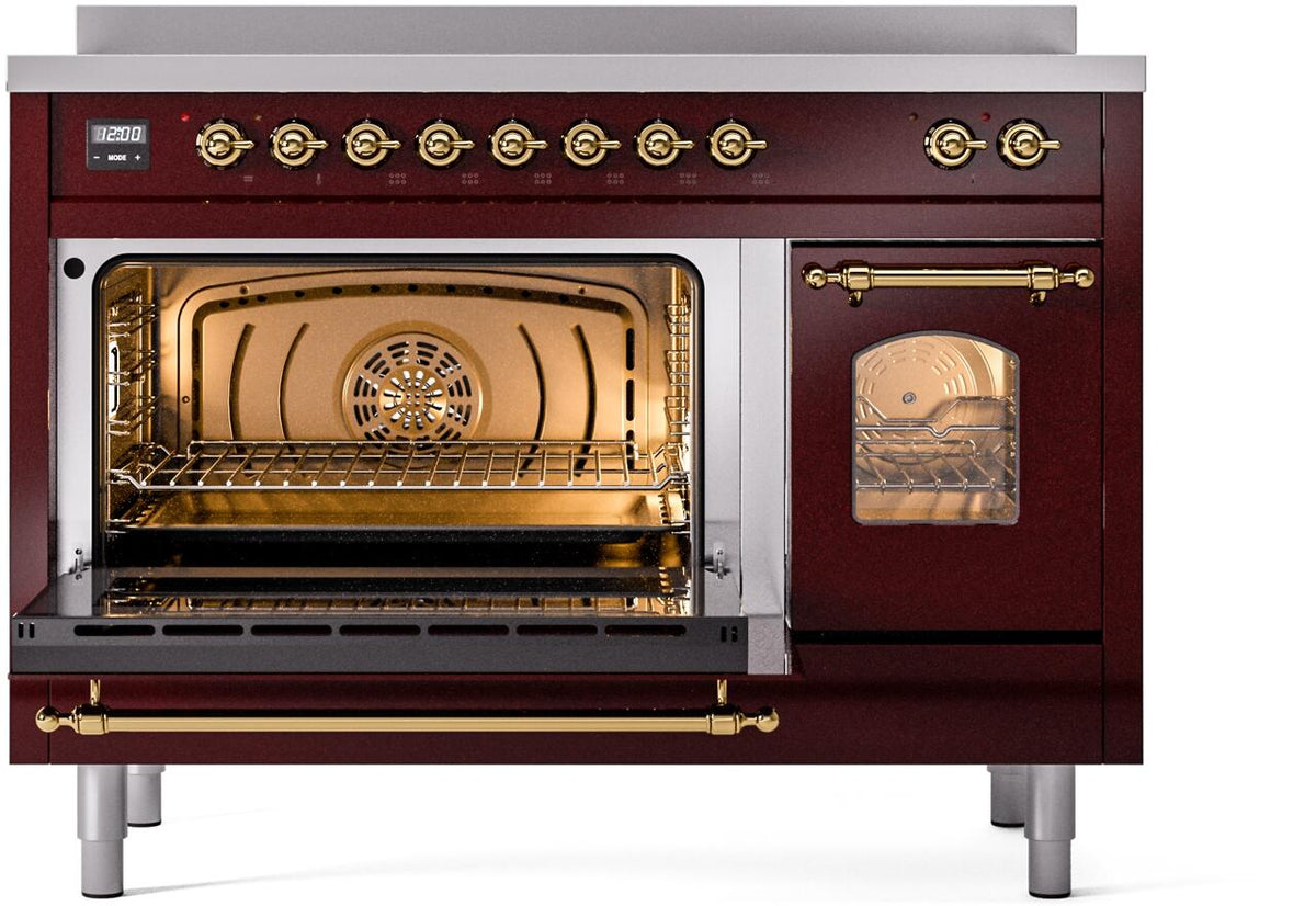 Freestanding electric induction range with main oven open and side door open, showing racks
