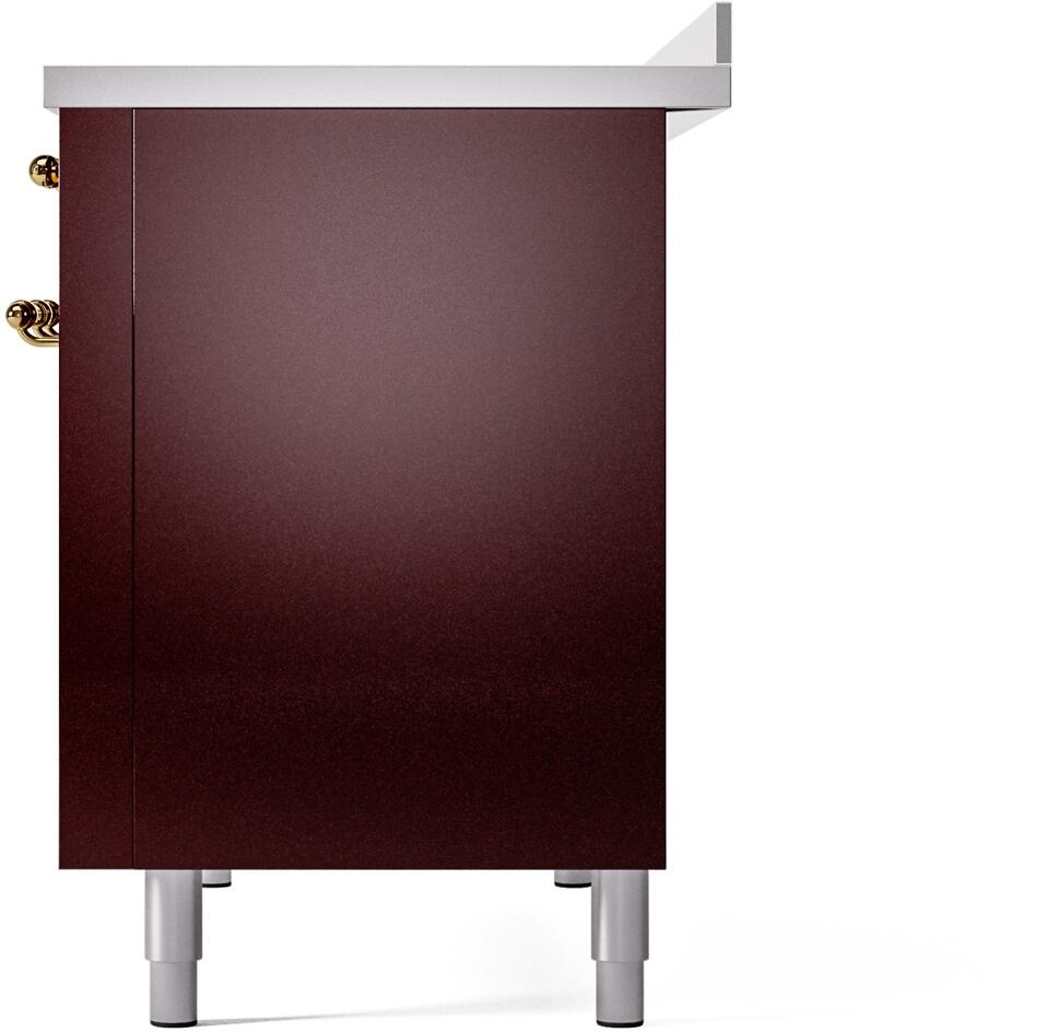 Back side panel of burgundy freestanding electric induction range with brass handle detail