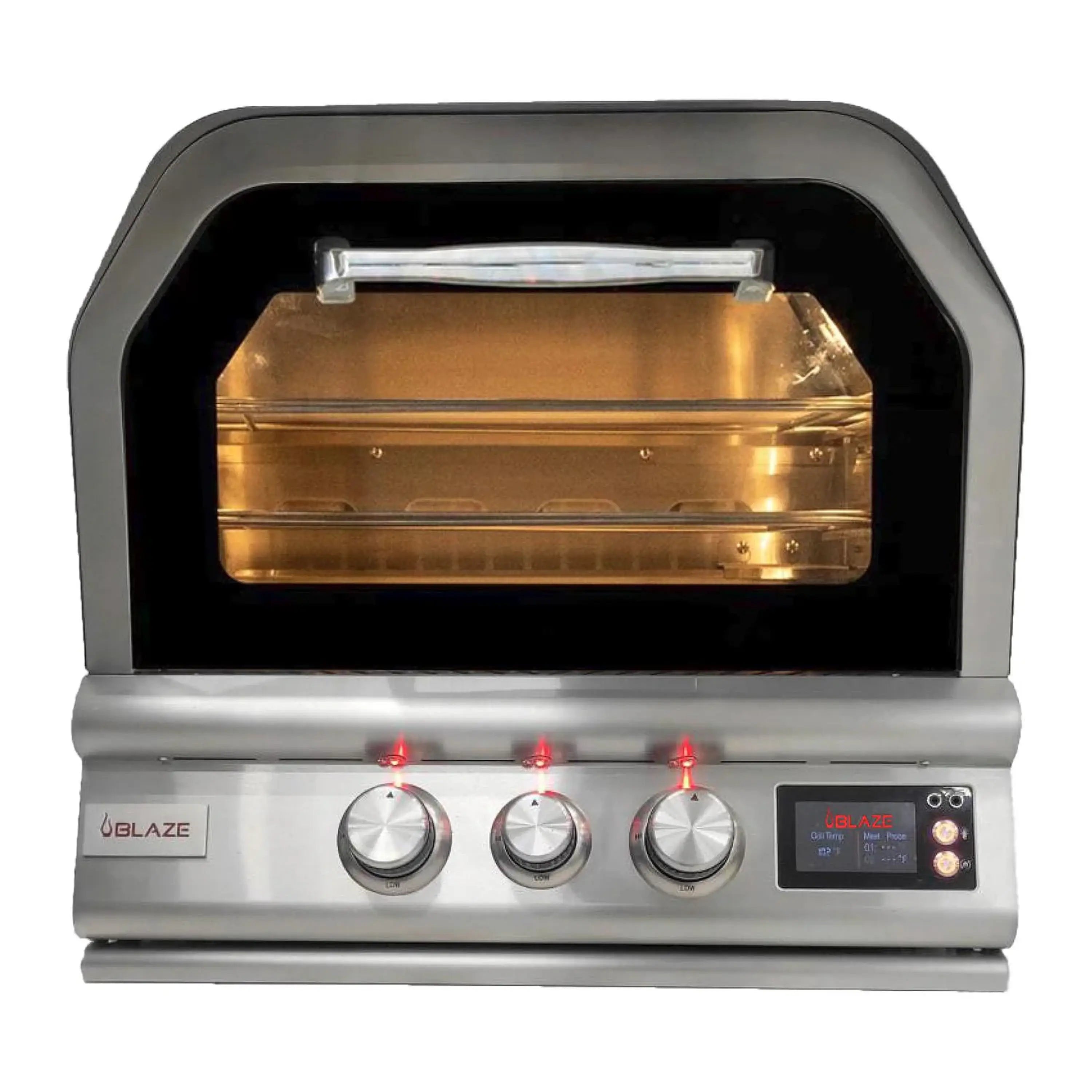 Stainless steel built-in gas pizza oven with open door and control knobs