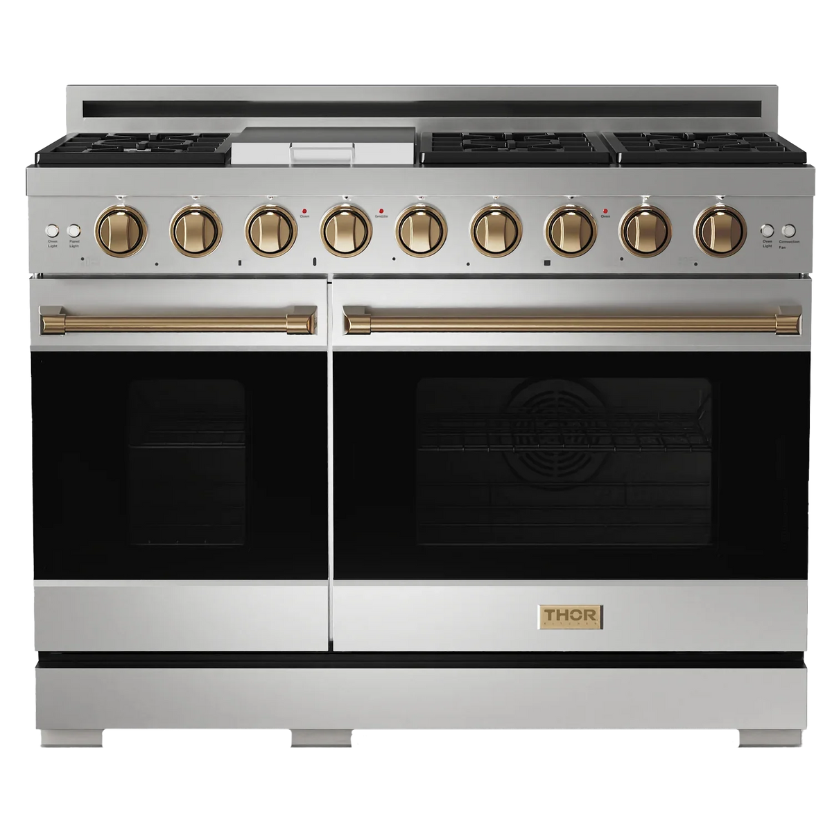 Stainless steel natural gas range with bronze pro-style knobs and double oven doors