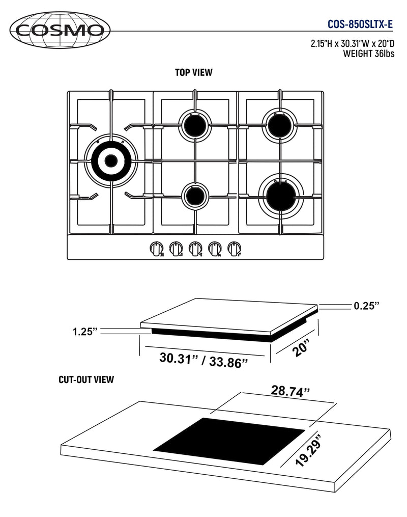 Cosmo 30-Inch Gas Cooktop with 5 Brass Burners in Stainless Steel (COS-850SLTX-E)